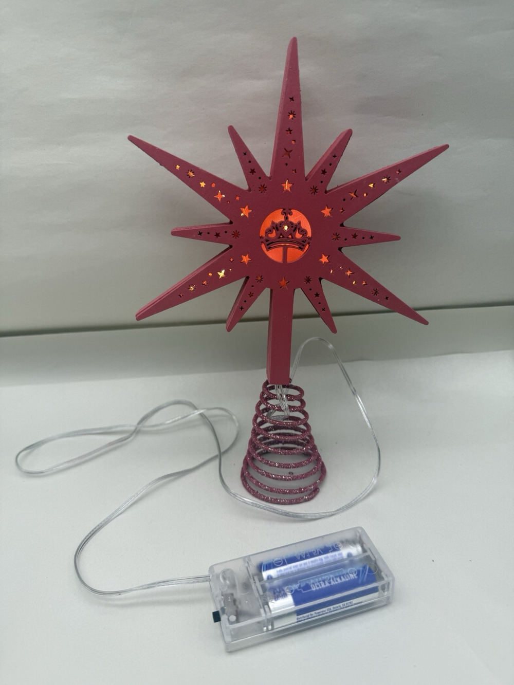 Pink Christmas Tree Topper 9" Wooden Red Bethlehem Treetop W/Out Battery *READ..